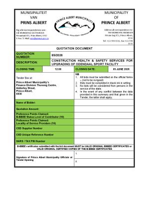 RFQ 85/2026 - CONSTRUCTION HEALTH & SAFETY SERVICES FOR UPGRADING OF ODENDAAL SPORT FACILITY
