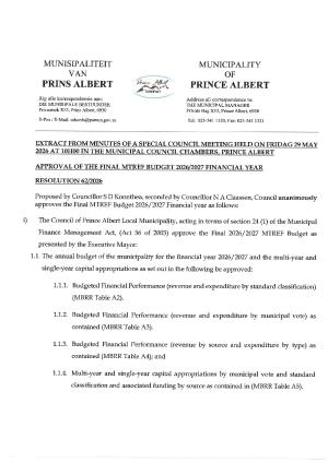 COUNCIL RESOLUTION - APPROVAL OF FINAL BUDGET AND POLICIES-29 MAY 2026
