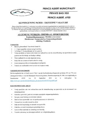 General Attendant: Odendaal Sports Field