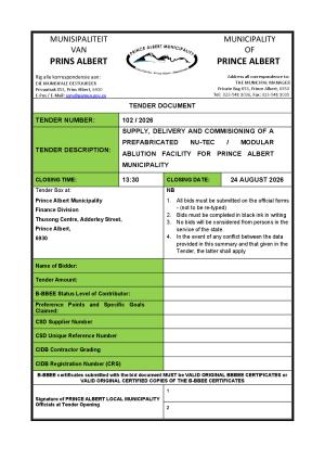 TENDER 102/2026 - SUPPLY, DELIVERY AND COMMISIONING OF A PREFABRICATED NU-TEC / MODULAR ABLUTION FACILITY FOR PRINCE ALBERT MUNICIPALITY
