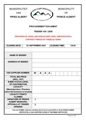 TENDER 104/2026 - PROVISION OF LEGAL AND SPECIALISED LEGAL SERVICES FOR A CONTRACT PERIOD OF THREE (3) YEARS