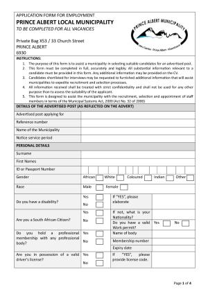 Prince Albert Municipality - Application for Employment (2026)