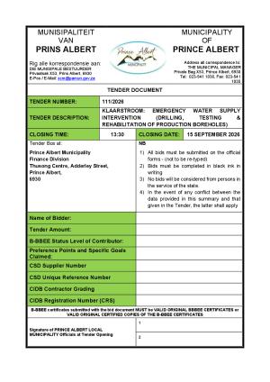 TENDER 111/2026 - KLAARSTROOM: EMERGENCY WATER SUPPLY INTERVENTION (DRILLING TESTING & REHABILITATION OF PRODUCTION BOREHOLES)