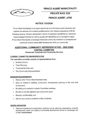 Notice 123-2026 Additional Community Representative - Building Control Committee