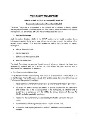 Prins Albert Municipality Committee Report for Annual Report June 2017