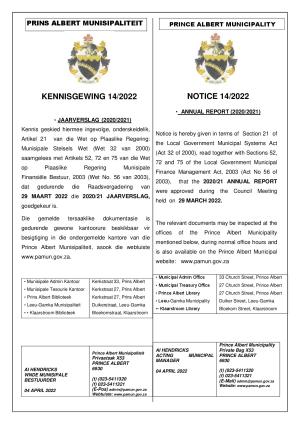 Kennisgewing - Annual Report  2020-21