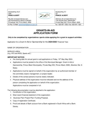 Prince Albert Municipality - Grant in Aid Sponsorship of Events Application Form 2024-2025