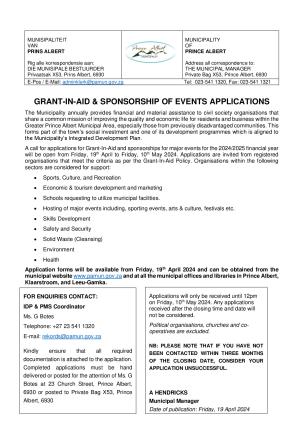 Prince Albert Municipality - Advert Grant in Aid Sponsorship of Events Application 2024-2025 (1)