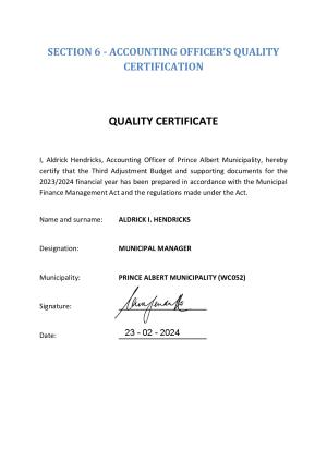 WC052 Quality Certificate - Third Adjustment Budget