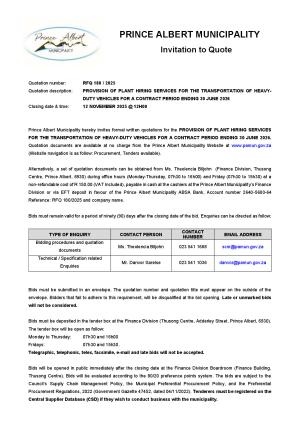 RFQ 180/2025 - PROVISION OF PLANT HIRING SERVICES FOR THE TRANSPORTATION OF HEAVY DUTY VEHICLES FOR A CONTRACT PERIOD ENDING 30 JUNE 2026