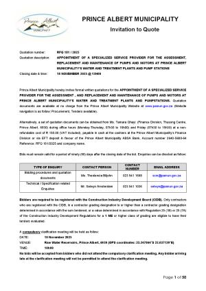 RFQ 181/2025 - APPOINTMENT OF A SPECIALISED SERVICE PROVIDER FOR THE ASSESSMENT , AND REPLACEMENT AND MAINTENANCE OF PUMPS AND MOTORS AT PRINCE ALBERT MUNICIPALITY’S WATER AND TREATMENT PLANTS AND PUMP STATIONS