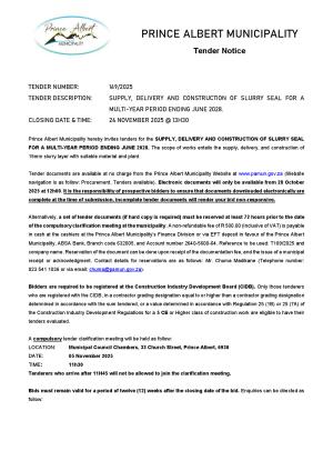 TENDER 169/2025 - SUPPLY, DELIVERY AND CONSTRUCTION OF SLURRY SEAL FOR A MULTI-YEAR PERIOD ENDING JUNE 2028