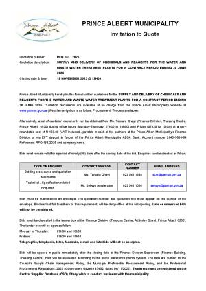 RFQ 183/2025 - SUPPLY AND DELIVERY OF CHEMICALS AND REAGENTS FOR THE WATER AND WASTE WATER TREATMENT PLANTS FOR A CONTRACT PERIOD ENDING 30 JUNE 2026