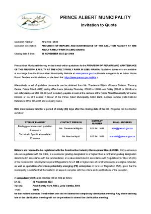 RFQ 185/2025 - PROVISION OF REPAIRS AND MAINTENANCE OF THE ABLUTION FACILITY AT THE ADULT FAMILY PARK IN LEEU-GAMKA