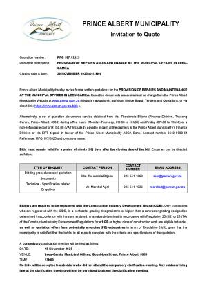 RFQ 187/2025 - PROVISION OF REPAIRS AND MAINTENANCE AT THE MUNICIPAL OFFICES IN LEEU-GAMKA