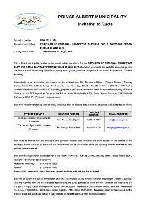 RFQ 201/2025 - PROVISION OF PERSONAL PROTECTIVE CLOTHING FOR A CONTRACT PERIOD ENDING 30 JUNE 2026