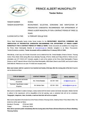 TENDER 01/2026 - RECRUITMENT, SELECTION, SCREENING AND VERIFICATION OF PROSPECTIVE CANDIDATES RECOMMENDED FOR APPOINTMENT AT PRINCE ALBERT MUNICIPALITY FOR A CONTRACT PERIOD OF THREE (3) YEARS