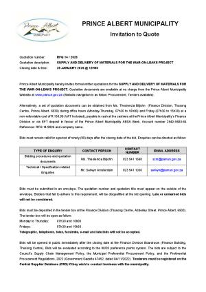 RFQ 14/2026 - SUPPLY AND DELIVERY OF MATERIALS FOR THE WAR-ON-LEAKS PROJECT