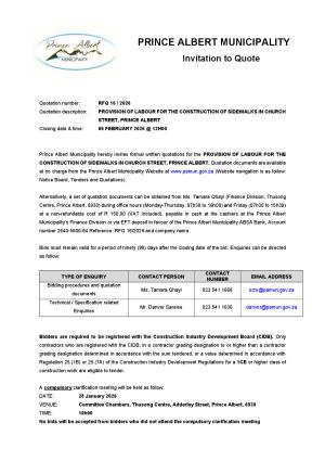 RFQ 16/2026 - PROVISION OF LABOUR FOR THE CONSTRUCTION OF SIDEWALKS IN CHURCH STREET, PRINCE ALBERT