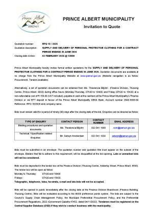 RFQ 18/2026 - SUPPLY AND DELIVERY OF PERSONAL PROTECTIVE CLOTHING FOR A CONTRACT PERIOD ENDING 30 JUNE 2026