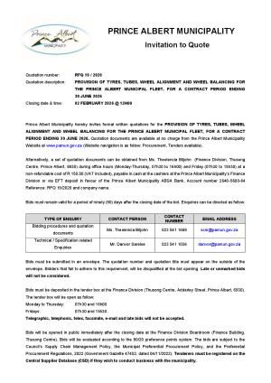 RFQ 19/2026 - PROVISION OF TYRES, TUBES, WHEEL ALIGNMENT AND WHEEL BALANCING FOR THE PRINCE ALBERT MUNICIPAL FLEET, FOR A CONTRACT PERIOD ENDING 30 JUNE 2026