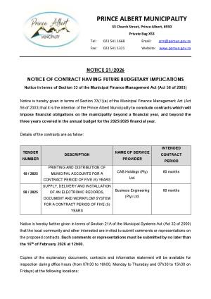 Notice 21/2026 - NOTICE OF CONTRACTS HAVING FUTURE BUDGETARY IMPLICATIONS