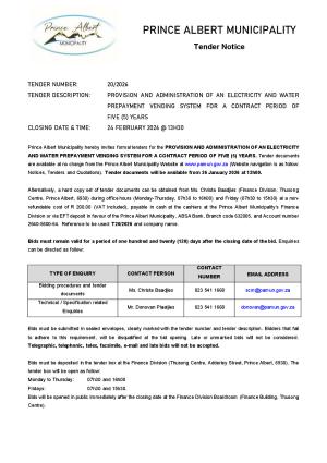 TENDER 20/2026 - PROVISION AND ADMINISTRATION OF AN ELECTRICITY AND WATER PREPAYMENT VENDING SYSTEM FOR A CONTRACT PERIOD OF FIVE (5) YEARS 