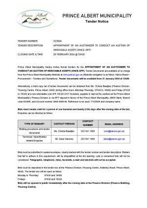 TENDER 20/2026 - APPOINTMENT OF AN AUCTIONEER TO CONDUCT AN AUCTION OF IMMOVABLE ASSETS (ONCE-OFF)