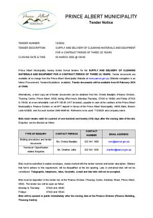 TENDER 13/2026 - SUPPLY AND DELIVERY OF CLEANING MATERIALS AND EQUIPMENT FOR A CONTRACT PERIOD OF THREE (3) YEARS