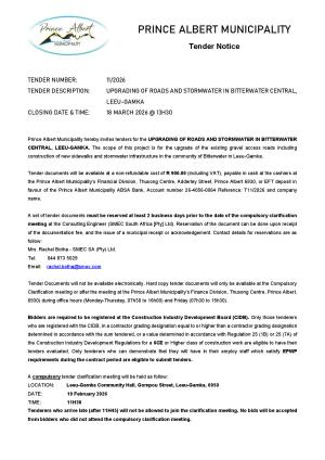 TENDER 11/2026 - UPGRADING OF ROADS AND STORMWATER IN BITTERWATER CENTRAL, LEEU-GAMKA