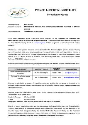 RFQ 28/2026 - PROVISION OF TRAINING AND REGISTRATION SERVICES FOR CODE 10 DRIVING LICENCE