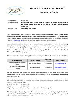RFQ 29/2026 - PROVISION OF TYRES, TUBES, WHEEL ALIGNMENT AND WHEEL BALANCING FOR THE PRINCE ALBERT MUNICIPAL FLEET, FOR A CONTRACT PERIOD ENDING 30 JUNE 2026