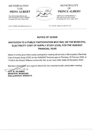 Public Participation Meeting: Municipal Electricity Cost of Supply Study (COS), for the 2026/2027 financial year // Publieke Deelname Vergadering: Munisipaliteit se Elektrisiteits Koste van Voorsiening Studie (KVV) vir die 2026/2027 finansiële jaar
