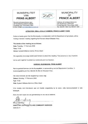 Small-Scale Farmer Meeting: Foot-and-Mouth Disease, Prince Albert [17 February 2026 at 17:00]