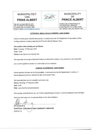 Small-Scale Farmer Meeting: Foot-and-Mouth Disease, Leeu-Gamka [17 February 2026 at 10:00]