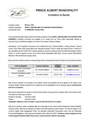 RFQ 30/2026 - SUPPLY AND DELIVERY OF CONSTRUCTION MATERIALS