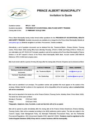 RFQ 31/2026 - PROVISION OF OCCUPATIONAL HEALTH AND SAFETY TRAINING