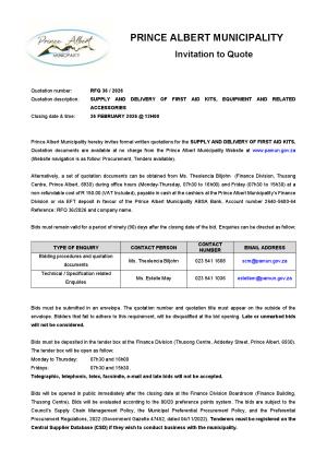 RFQ 36/2026 - SUPPLY AND DELIVERY OF FIRST AID KITS, EQUIPMENT AND RELATED ACCESSORIES
