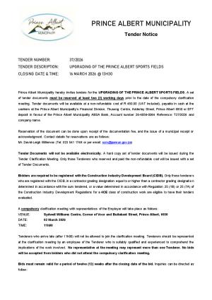 TENDER 37/2026 - UPGRADING OF THE PRINCE ALBERT SPORTS FIELD