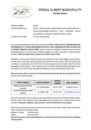 TENDER 38/2026 - SUPPLY, INSTALLATION, COMMISSIONING AND MAINTENANCE OF A VOICE-OVER-INTERNET-PROTOCOL (VOIP) TELEPHONE SYSTEM SOLUTION FOR A CONTRACT PERIOD OF FIVE (5) YEARS