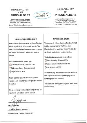 Administration Outreach, Leeu-Gamka (Thursday, 26 March 2026), Leeu-Gamka Community Hall from 08:00 to 16:00