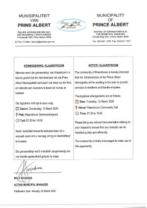 Administration Outreach, Klaarstroom (Thursday, 12 March 2026 at the Klaarstroom Community Hall from 07:30 to 16:00