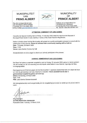 Public Participation: Disposal of Municipal Fixed Assets in Leeu-Gamka (Thursday, 26 March 2026 at 17:00, Leeu-Gamka Community Hall)