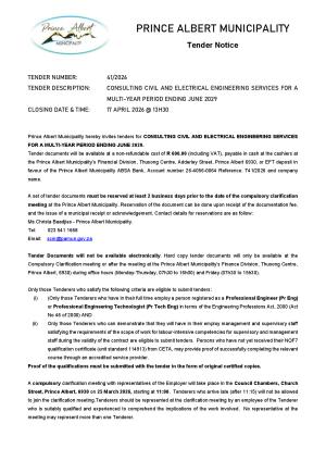 TENDER 41/2026 - CONSULTING CIVIL AND ELECTRICAL ENGINEERING SERVICES FOR A MULTI-YEAR PERIOD ENDING JUNE 2029
