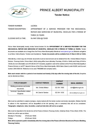 TENDER 43/2026 - APPOINTMENT OF A SERVICE PROVIDER FOR THE MECHANICAL REPAIR AND SERVICING OF MUNICIPAL VEHICLES FOR A PERIOD OF THREE (3) YEARS