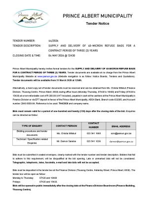 TENDER 44/2026 - SUPPLY AND DELIVERY OF 40-MICRON REFUSE BAGS FOR A CONTRACT PERIOD OF THREE (3) YEARS