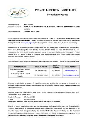 RFQ 53/2026 - SUPPLY OR MODIFICATION OF ELECTRICAL SERVICES DEPARTMENT BAKKIE CANOPY