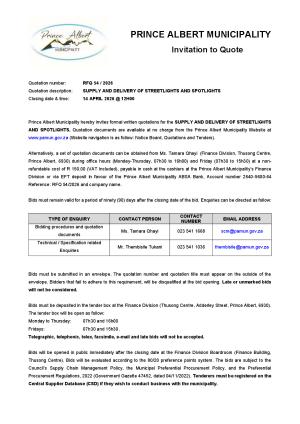 RFQ 54/2026 - SUPPLY AND DELIVERY OF STREETLIGHTS AND SPOTLIGHTS