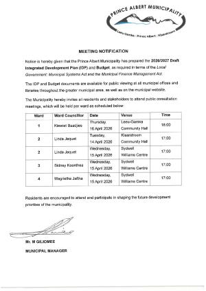 2026/2027 Draft IDP/Budget Public Participation Engagements