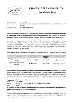 RFQ 59/2025 - PROVISION OF REPAIRS AND MAINTENANCE AT THE KLAARSTROOM THUSONG CENTRE